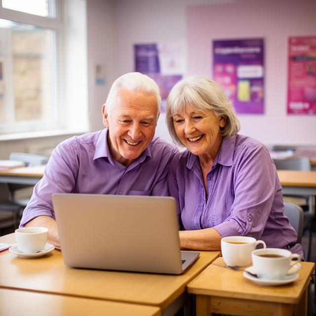 Smiling Irish senior couple using a laptop together in a bright community classroom in Grangegorman Dublin, learning basic computer skills with tea cups nearby