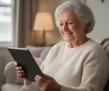Elderly Irish woman smiling while video calling family on a tablet in a cozy Dublin sitting room, afternoon light through window